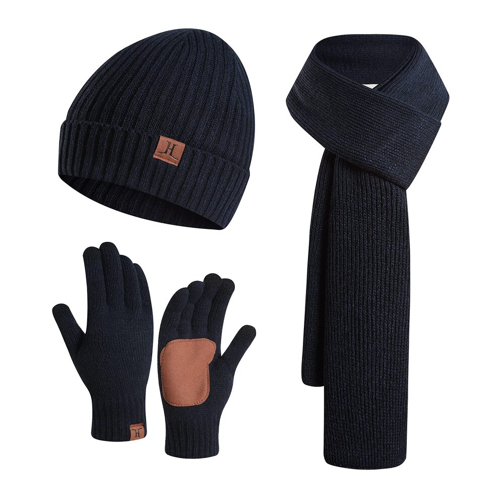6670 3PCS In 1 Winter Warm Knit Beanie Hat+Long Scarf+Touchscreen Gloves